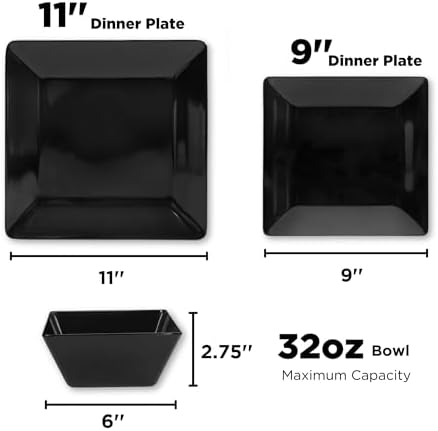 TP 12-Piece Melamine Dinnerware Sets, Square, Service for 4, Black - Image 2