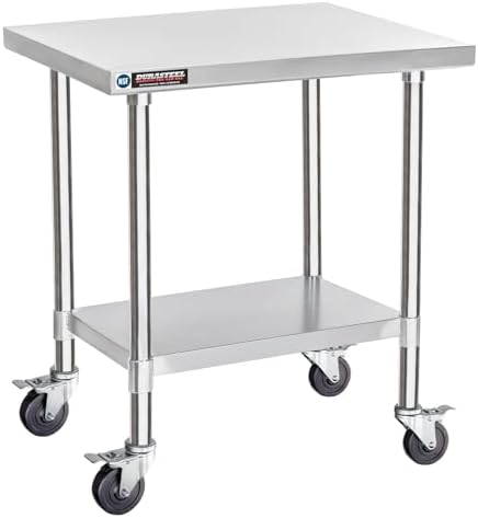 DuraSteel 30x24 NSF Stainless Steel Cart Work Table - Heavy Duty Rolling Food Prep Table - Metal Utility Cart on Wheels Caster, Grill Stand Microwave Outdoor Kitchen Tables Countertop Island Large Top by DuraSteel