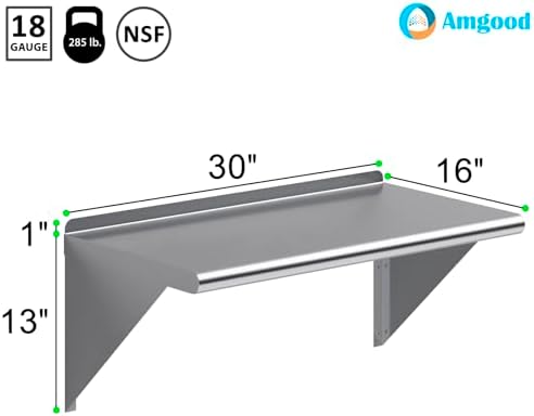 AmGood 30" Long X 16" Deep Stainless Steel Wall Shelf | NSF Certified | Appliance & Equipment Metal Shelving | Kitchen, Restaurant, Garage, Laundry, Utility Room - Image 3