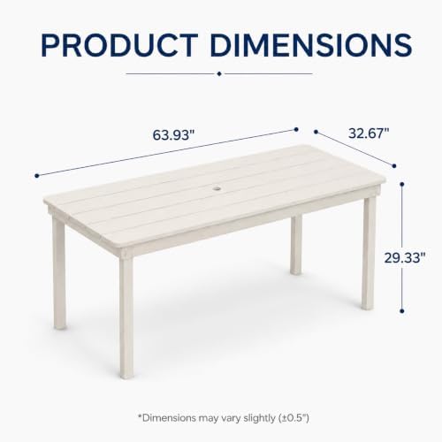 64" Rectangular Outdoor Dining Table, All-Weather HDPE Patio Table for 6-8 Person, Large Composite Wood Furniture with Umbrella Hole for Backyard Deck Garden Poolside, White - Image 2