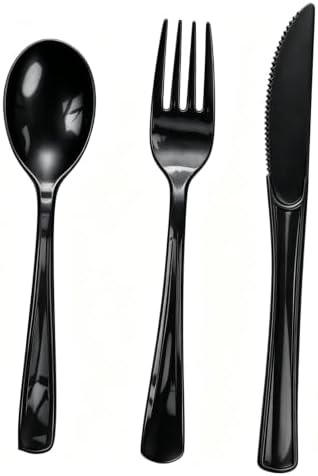 75 Pack Black Heavy Duty Plastic Silverware Set, Disposable Knives, Forks & Spoons, 25 Sets for Birthday, Baby Shower, Camping, Picnic & Party by Unknown