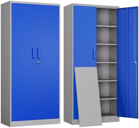 Yizosh Metal Garage Storage Cabinet with 2 Doors and 5 Adjustable Shelves - 71" Steel Lockable File Cabinet,Locking Tool Cabinets for Office,Home,Garage,Gym,School (Gray Blue) by Yizosh