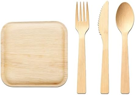 Bamboo Cutlery Set - Wooden Utensils for Eating - Disposable Wooden Cutlery set of 8 (2 Forks 2 Spoons 2 Knives 2 Plates) Bamboo Disposable Utensils - ECO Friendly Compostable Utensil for Party by PersonalizedTouchMakingYourMomentsMeanSoMuch