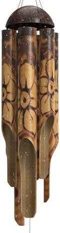 Nalulu Rustic Bamboo Wind Chimes - Outside Outdoor Wooden Windchimes, Large, Floral Burned Design with Coconut Crown, Handcrafted with Calming Deep Tones, Home Decor, Ideal Gift for Him & Her by Nalulu