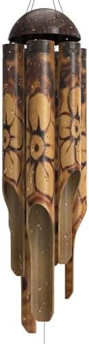 Nalulu Rustic Bamboo Wind Chimes - Outside Outdoor Wooden Windchimes, Large, Floral Burned Design with Coconut Crown, Handcrafted with Calming Deep Tones, Home Decor, Ideal Gift for Him & Her by Nalulu