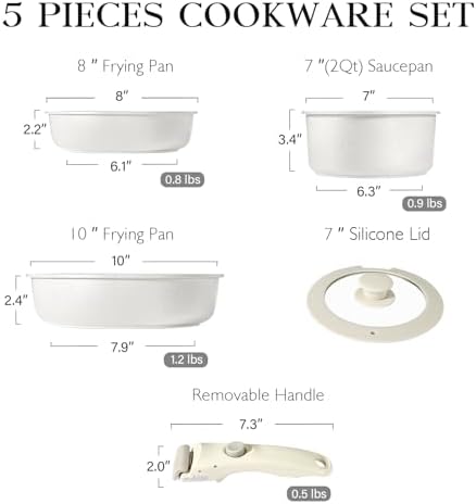 GiPP 5Pcs Pots and Pans Set Non Stick, Cookware Sets Nonstick Detachable Handle, Induction Kitchen Set Removable Handle, RV Cookware set, Oven Safe - Image 6