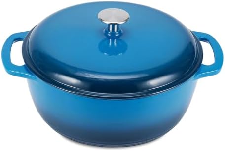 Amazon Basics Enameled Cast Iron Dutch Oven Pot With Lid, 4.3-Quart, Round, Dual Handles, Heavy-Duty, Oven Safe for Stews, Roasting & Baking, Blue by AmazonBasics