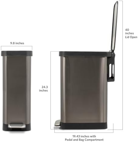 Glad Stainless Steel Slim Trash Can with Clorox Odor Protection - Narrow Kitchen Garbage Bin with Soft Close Lid, Step On Foot Pedal and Waste Bag Roll Holder, Pewter, 12 Gallon/45 Liter - Image 6
