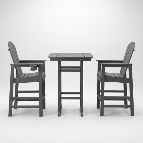 3-Piece HDPE Bar Height Table and Chairs Set, 42.1" Square High Top Pub Table with Umbrella Hole, 2 Adirondack Charis with Cup Holders, Outdoor Patio Dining Set for Bistro Backyard Deck Gray - Image 7