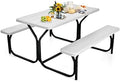 ORALNER Picnic Table, Resin Dining Table & 2 Benches Set, Weather Resistant Wood Grain Plastic Tabletop & Steel Frame, Picnic Tables for Outdoors, Porch Yard Patio Lawn Party Camping (White) by ORALNER