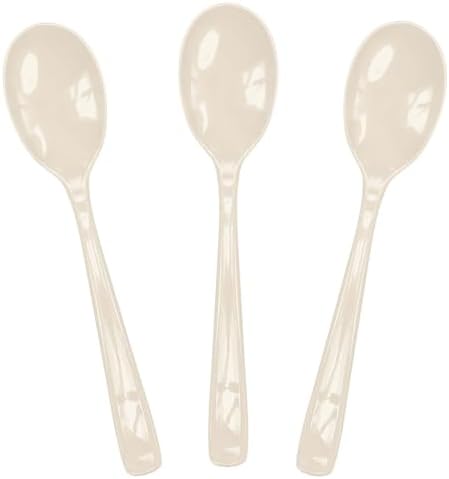 SietDESEO 25 PCS Ivory Plastic Spoons Disposable Utensils Heavy Duty Ivory Spoons Disposable Cutlery for Birthday Wedding Baby Shower Bridal Shower Plastic Silverware by SietDESEO