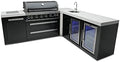 Mont Alpi 132"W x 23"D x 46"H Black Stainless Steel L-shaped Outdoor Kitchen Island + 2 Refrigerators + Beverage Center Faucet & Sink + 44"W 6-Burner BBQ Grill + Granite Countertops + Storage + Cover by MontAlpi