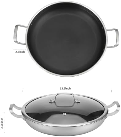 Yeksum Tri-Ply Stainless Steel Paella Pan Large Saute Pan with Lid (Stainless Steel, Hybrid 13.5 INCH) - Image 5