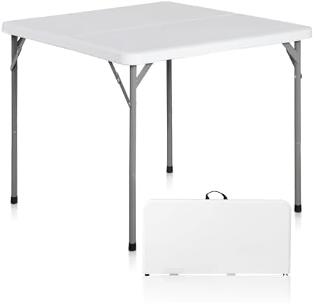 SUPER DEAL 3 Foot Square Folding Card Table, Indoor Outdoor Portable Plastic Heavy Duty Fold-in-Half Puzzles Camping Picnic Party Table with Carrying Handle, White by Superdeal