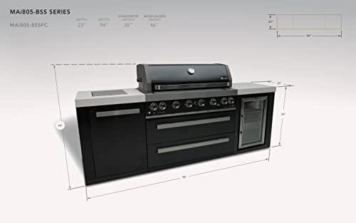 Mont Alpi 94"W x 23"D x 46"H Black Stainless Steel Modular Outdoor Kitchen Island with Refrigerator + 44"W 6-Burner BBQ Gas Grill + Side Burner + White Granite Countertops + Storage Cabinets & Drawers - Image 2
