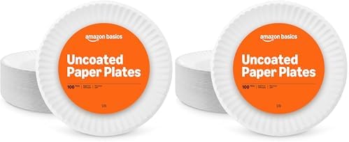 Amazon Basics 9" Uncoated White Paper Plates 2 Pack (200 count) by AmazonBasics