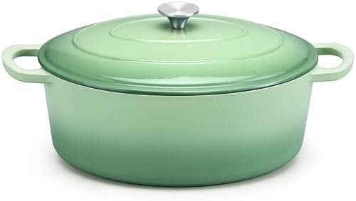 E-far 5QT Oval Dutch Oven Pot with Lid, Green Enameled Cast Iron Dutch Oven by E-far