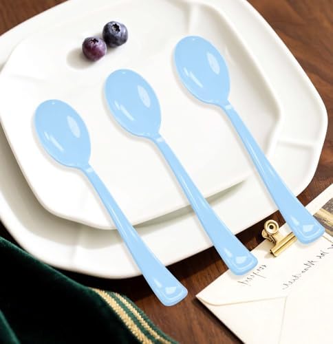 SietDESEO 50 PCS Light Blue Plastic Spoons Disposable Utensils Heavy Duty Baby Blue Spoons Disposable Cutlery for Birthday Wedding Baby Shower Bridal Shower Plastic Silverware - Image 5