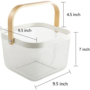 Mesh Steel Storage Organizer Basket Fruit Basket Bin with Wood Handle Ideal for Kitchen Bathroom Picnic Baskets Pantry Cabinets Storage Home Decor (White) - Image 5