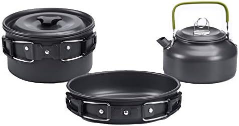 Portable Camping Cookware Set- Lightweight Aluminum Pot, Pan & Kettle with Foldable Handles for Backpacking, Hiking & Outdoor Cooking - Non-Stick, Space-Saving for 2-3 People by Pardarsey
