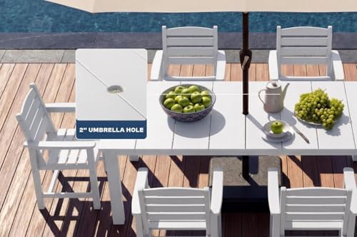 Perli™ 7-Piece Outdoor Dining Set, All-Weather HDPE Patio Furniture with 6 Ergonomic Chairs & Large Table, Built-in Umbrella Hole, UV-Resistant Set for Backyard, Deck, Poolside, White - Image 7
