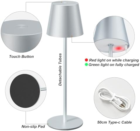 Kakanuo Silver Grey Cordless Lamp Rechargeable - 2 Pack 5000mAH Battery Operated Table Lamp for Counter, 3 Color Stepless Dimming Wireless Lamp for Dining Kitchen, Outdoor Patio, Touch Control - Image 6