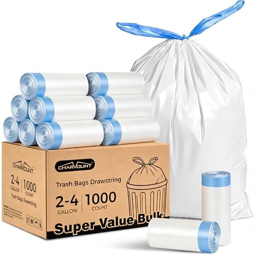 Charmount Small Trash Bags 4 Gallon-1000 Count Drawstring Mini Garbage Bags by CHARMOUNT