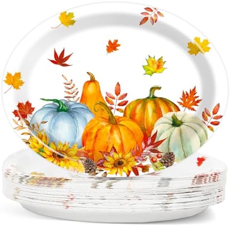 Qyeahkj 50PCS Fall Thanksgiving Oval Paper Plates Thanksgiving Heavy Duty Disposable Dinner Plates Fall Party Decorations Large 11'' Maple Leaves Pumpkin Party Supplies Autumn Tableware Set by Qyeahkj