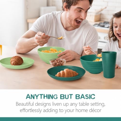 Teivio 32-Piece Kitchen Plastic Wheat Straw Dinnerware Set, Service for 8, Dinner Plates, Dessert Plate, Cereal Bowls, Cups, Unbreakable Colorful Plastic Outdoor Camping Dishes, Green Ombre - Image 6