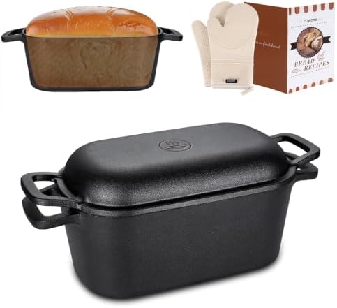 3.6 QT Cast Iron Loaf Bread Pan with Lid, Oval Dutch Oven for Bread Baking by COWORM