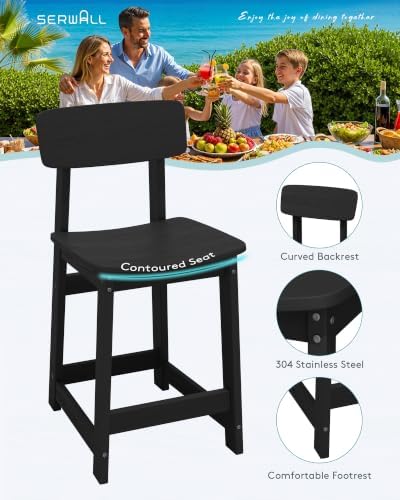 SERWALL 3-Piece Outdoor HDPE Counter-Height Bar Set with 2 Stools, Black - Image 3
