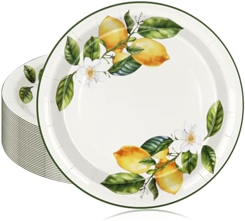 JarThenaAMCS 50Pcs Summer Lemon Paper Plates 9 Inch Yellow Lemon Flower Disposable Plates Decorative Appetizer Dessert Plate for Holiday Wedding Fruit Birthday Dinner Party Supplies by JarThenaAMCS