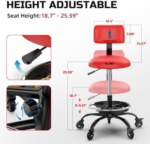 Rolling Shop Stool with Wheels, Garage Mechanic Stool Chair with Backrest, Height Adjustable Heavy Duty Swivel Task Chair, Adjustable Footrest with Storage Tray for Garage Kitchen Salon Tattoo (Red) - Image 2