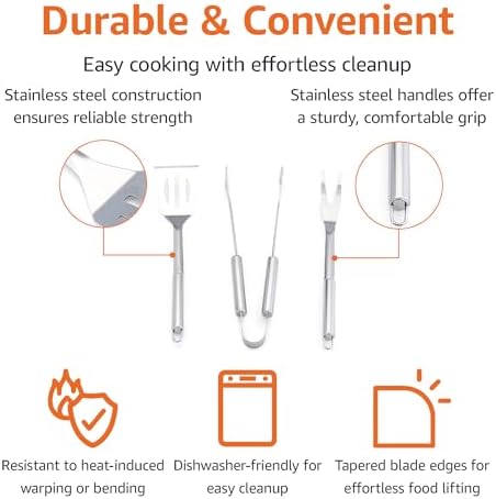 Amazon Basics 4-Piece Stainless Steel BBQ Grilling Tool Set with Carry Bag, Rust-Resistant, Dishwasher Safe - Image 3