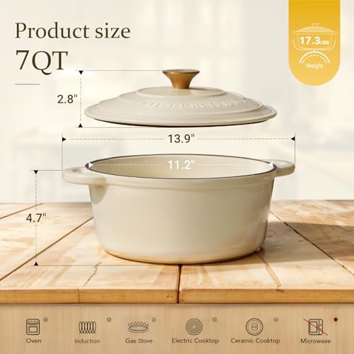 Overmont Enameled Cast Iron Dutch Oven - 7QT Pot with Lid Cookbook & Cotton Potholders - Heavy-Duty Cookware for Braising, Stews, Roasting, Sourdough Baking Cream White - Image 6