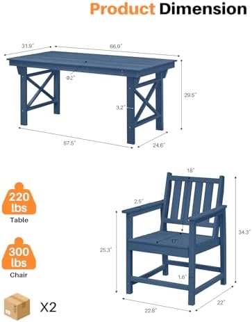 5 Pieces HDPE Patio Dining Set, Outdoor Table and Chairs with Umbrella Hole, Modern Outdoor Dining Set for 4, HDPE Outdoor Patio Furniture Dining Sets for Deck, Poolside, Porch, Navy - Image 4