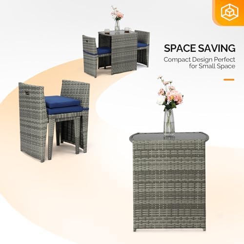 Bonnlo 3 PCS Wicker Outdoor Patio Bistro Set, Patio Furniture Set for Small Space with Glass Top Table Dining Chairs, Balcony Furniture Patio Table and Chairs Set of 2 for Garden Yard Porch (Grey) - Image 2