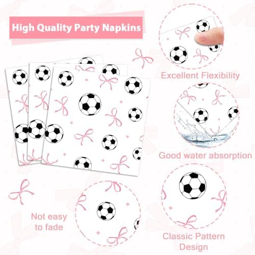 96PCS Soccer and Bow Party Paper Plates and Napkins for Sports Themed Party Dessert Cake Plates Disposable Decor Pink Bow Soccer Birthday Parties Set for Boys Girls Birthday Gatherings Decorations - Image 4
