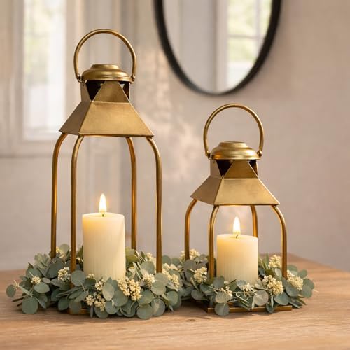 Decorative Metal Lanterns Indoor Outdoor, Candle Holder for Porch, Patio, Fireplace, Floor, Wedding, Christmas, Fall, Holiday, Farmhouse Table Centerpiece (Antique Gold, Set of 2 15.7" 12") by ZLFart