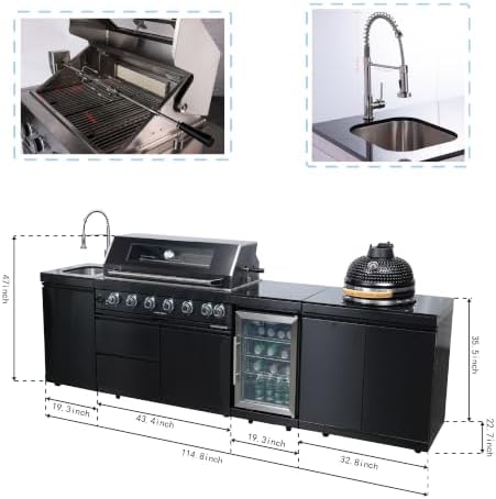 115'' Propane Gas Outdoor Kitchen Island with Kamado Charcoal Grill Fridge - Image 2