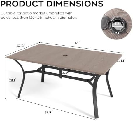 63”x37.8” Metal Outdoor Dining Table for 6,Rectangular Patio Dining Table with Adjustable Umbrella Hole,All-Weather Brown Outdoor Patio Table for Porch, Garden, Backyard, Poolside, Lawn - Image 2
