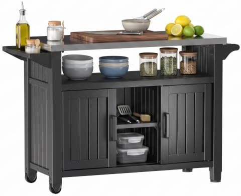 EasyUp Outdoor Storage Cabinet,Patio Storage Table, Bar Table with Wheels,Outdoor Bar Cart for Patio, Poolside and Backyard, Standard Black by EASYUP