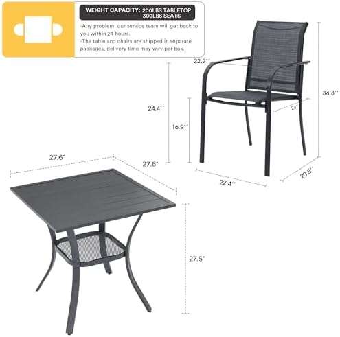 VICLLAX Patio Set for 2, Outdoor Dining Set Includes 28" Small Outdoor Table and 2 Stackable Sling Chairs, Grey Tabletop and Grey Fabric - Image 2