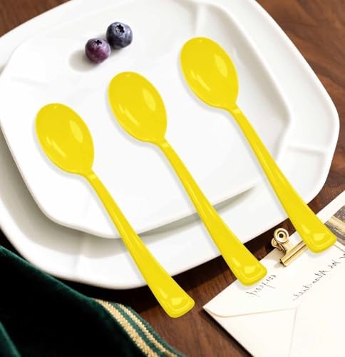 SietDESEO 25 PCS Yellow Plastic Spoons Disposable Utensils Heavy Duty Yellow Spoons Disposable Cutlery for Birthday Wedding Baby Shower Bridal Shower Plastic Silverware - Image 5
