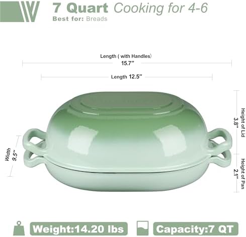 VORRINGARD Enameled Cast Iron Sourdough Bread Oven, Dutch Oven, Loaf Cast Iron Bread Pan for Homemade Bread Baking, Meatloaf Pan with Lid, 7QT, Green - Image 2