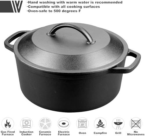 VORRINGARD Pre-Seasoned Cast Iron Dutch Oven with Lid, Round and Dual Handles, for Stovetop, Camping, Grill, Induction, Electric, Black, 4.5qt - Image 3