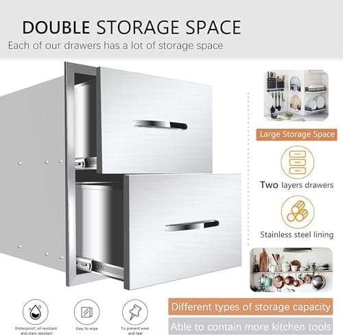 Outdoor Kitchen Drawers, Box Frame Style Flush Mount BBQ Drawer w/Stainless Steel Handle, BBQ Island Drawers For Patio Grill Station,Double Drawers - Image 3