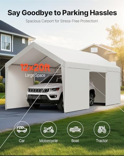 VEVOR Carport, 12 x 20 FT Outdoor Car Canopy, Potable Carport with Removable Sidewalls & Door, Heavy Duty Car Shelter, UV-Resistant & Water-Resistant, All-Season Protection for Automobile Boat White - Image 2
