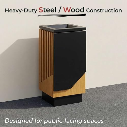 13 Gallon Square Outdoor Trash Can - Decorative Steel and Wood Composite Commercial Waste Receptacle with Hinged Lid and Galvanized Steel Liner for Hotels, Retail Stores, and Entryways - Image 3