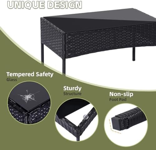 Patio Furniture Set 4 Pieces Conversation Sets Outdoor Wicker Rattan Chairs Garden Backyard Balcony Porch Poolside Loveseat with Soft Cushion and Tempered Glass Table(Black) - Image 5